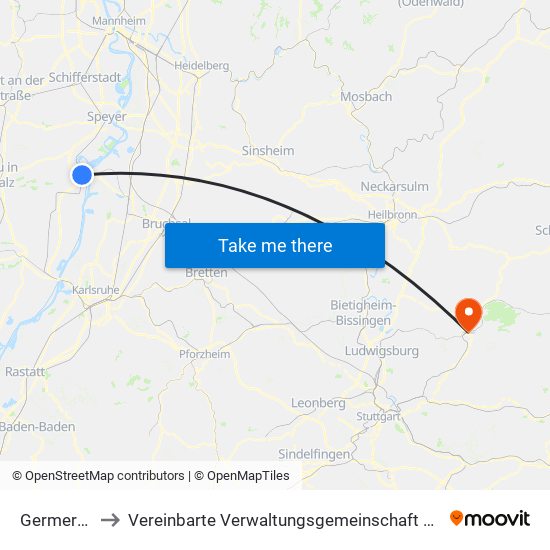 Germersheim to Vereinbarte Verwaltungsgemeinschaft Der Stadt Backnang map