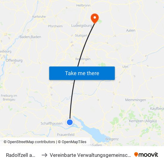 Radolfzell am Bodensee to Vereinbarte Verwaltungsgemeinschaft Der Stadt Backnang map