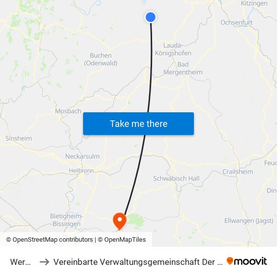 Werbach to Vereinbarte Verwaltungsgemeinschaft Der Stadt Backnang map