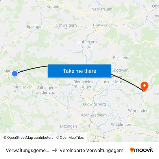 Verwaltungsgemeinschaft Maulbronn to Vereinbarte Verwaltungsgemeinschaft Der Stadt Backnang map