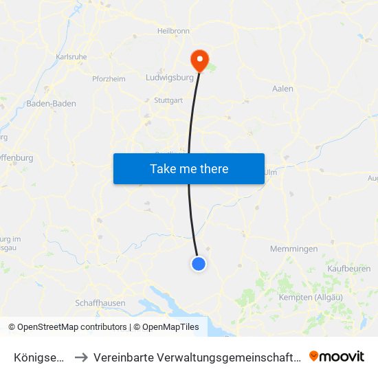 Königseggwald to Vereinbarte Verwaltungsgemeinschaft Der Stadt Backnang map