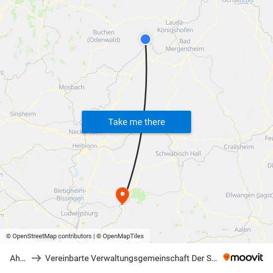 Ahorn to Vereinbarte Verwaltungsgemeinschaft Der Stadt Backnang map