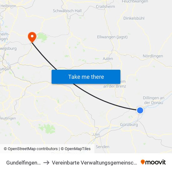 Gundelfingen A.D.Donau to Vereinbarte Verwaltungsgemeinschaft Der Stadt Backnang map