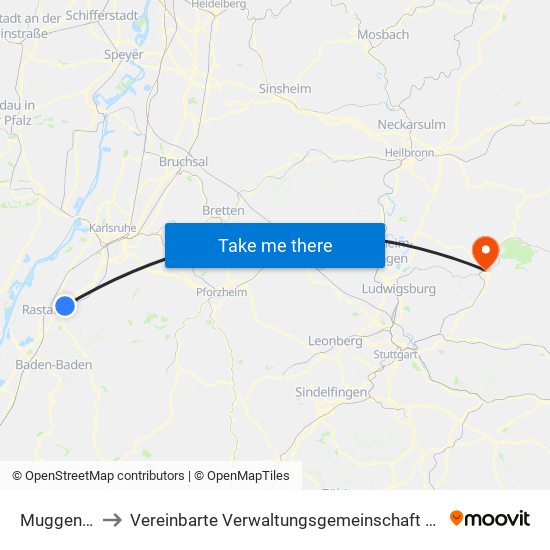 Muggensturm to Vereinbarte Verwaltungsgemeinschaft Der Stadt Backnang map