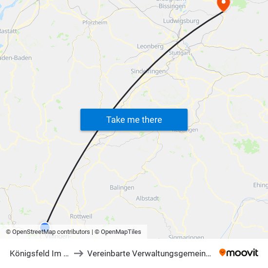 Königsfeld Im Schwarzwald to Vereinbarte Verwaltungsgemeinschaft Der Stadt Backnang map