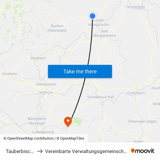 Tauberbischofsheim to Vereinbarte Verwaltungsgemeinschaft Der Stadt Backnang map