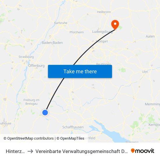 Hinterzarten to Vereinbarte Verwaltungsgemeinschaft Der Stadt Backnang map