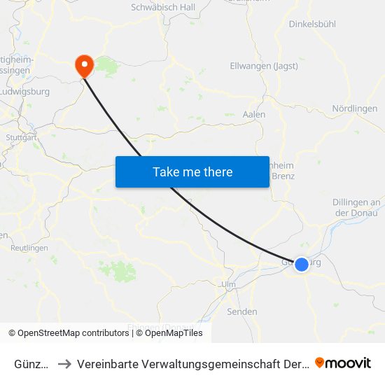 Günzburg to Vereinbarte Verwaltungsgemeinschaft Der Stadt Backnang map