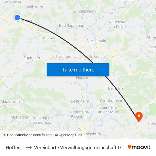 Hoffenheim to Vereinbarte Verwaltungsgemeinschaft Der Stadt Backnang map