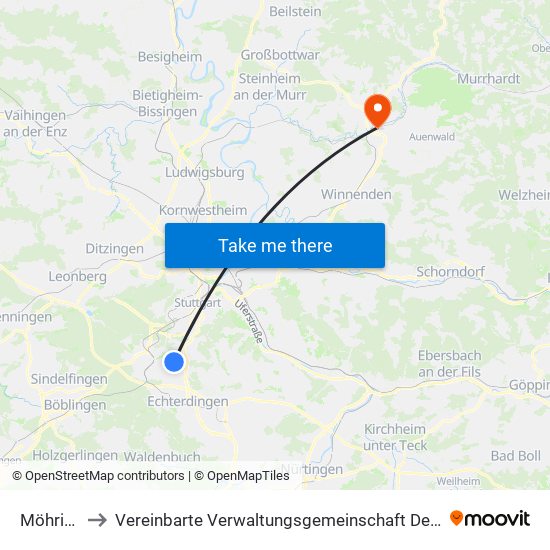 Möhringen to Vereinbarte Verwaltungsgemeinschaft Der Stadt Backnang map