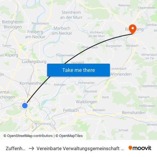 Zuffenhausen to Vereinbarte Verwaltungsgemeinschaft Der Stadt Backnang map