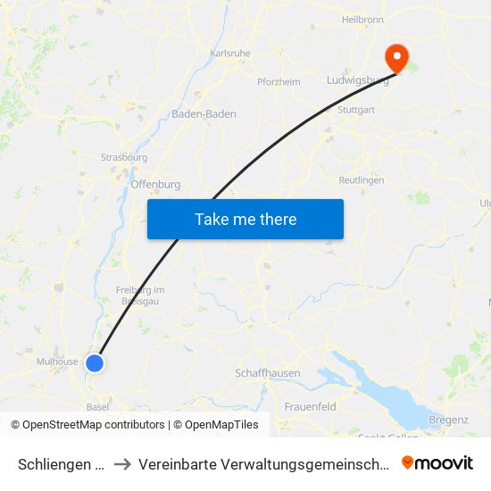 Schliengen (Kernort) to Vereinbarte Verwaltungsgemeinschaft Der Stadt Backnang map