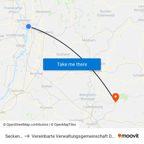 Seckenheim to Vereinbarte Verwaltungsgemeinschaft Der Stadt Backnang map