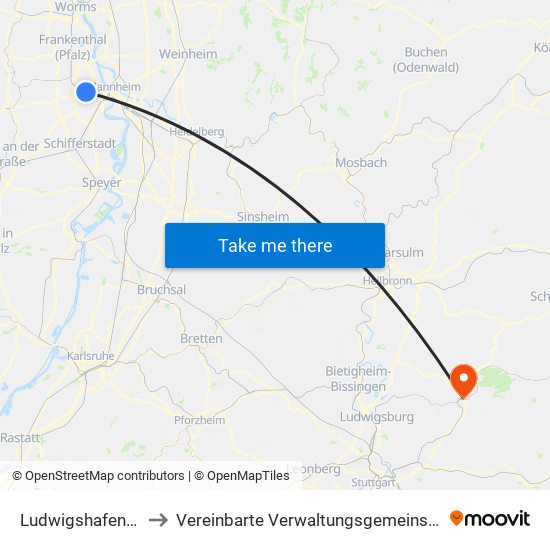 Ludwigshafen-Friesenheim to Vereinbarte Verwaltungsgemeinschaft Der Stadt Backnang map