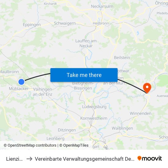 Lienzingen to Vereinbarte Verwaltungsgemeinschaft Der Stadt Backnang map
