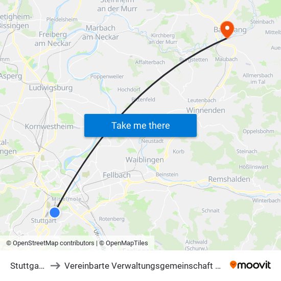 Stuttgart-Ost to Vereinbarte Verwaltungsgemeinschaft Der Stadt Backnang map