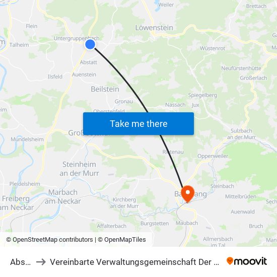 Abstatt to Vereinbarte Verwaltungsgemeinschaft Der Stadt Backnang map