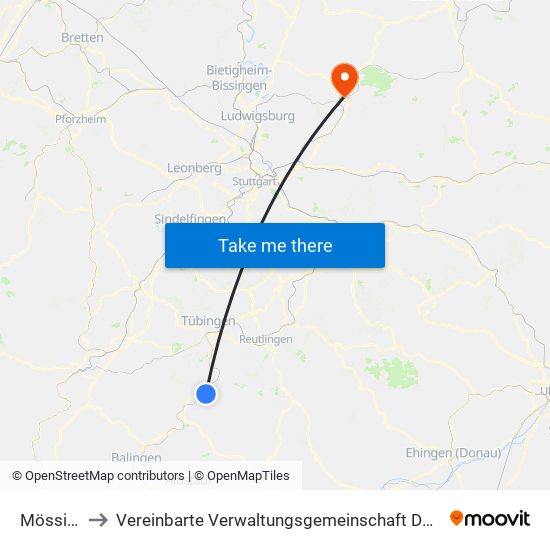 Mössingen to Vereinbarte Verwaltungsgemeinschaft Der Stadt Backnang map