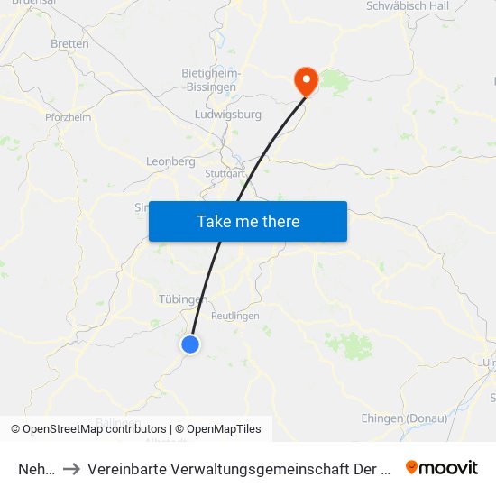 Nehren to Vereinbarte Verwaltungsgemeinschaft Der Stadt Backnang map