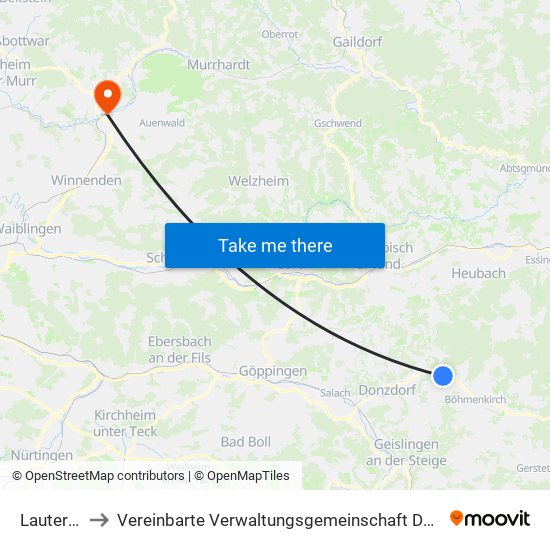 Lauterstein to Vereinbarte Verwaltungsgemeinschaft Der Stadt Backnang map