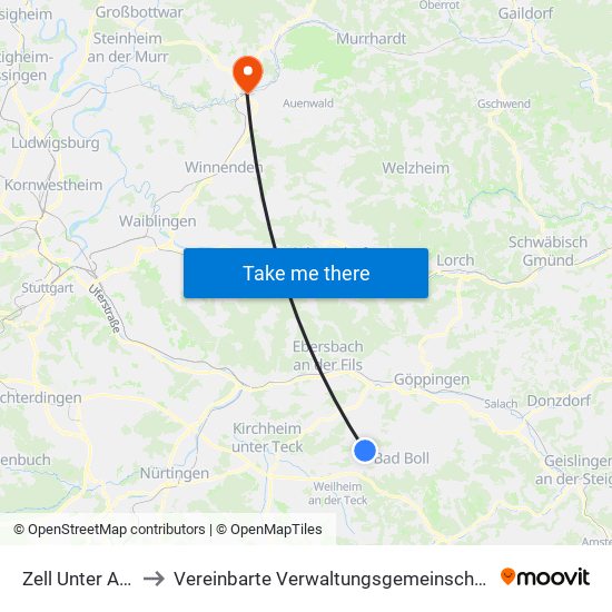 Zell Unter Aichelberg to Vereinbarte Verwaltungsgemeinschaft Der Stadt Backnang map