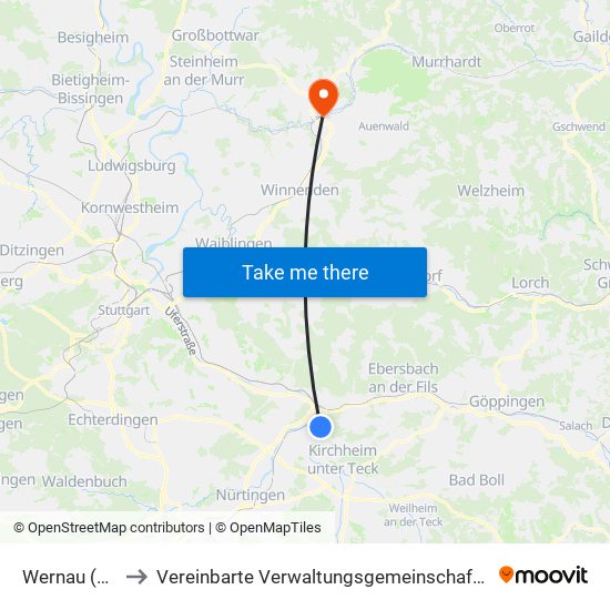 Wernau (Neckar) to Vereinbarte Verwaltungsgemeinschaft Der Stadt Backnang map