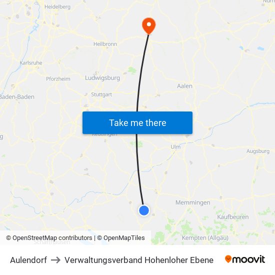 Aulendorf to Verwaltungsverband Hohenloher Ebene map