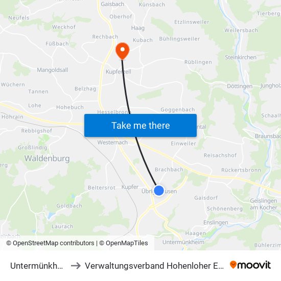 Untermünkheim to Verwaltungsverband Hohenloher Ebene map