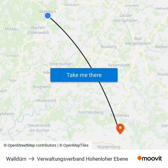 Walldürn to Verwaltungsverband Hohenloher Ebene map