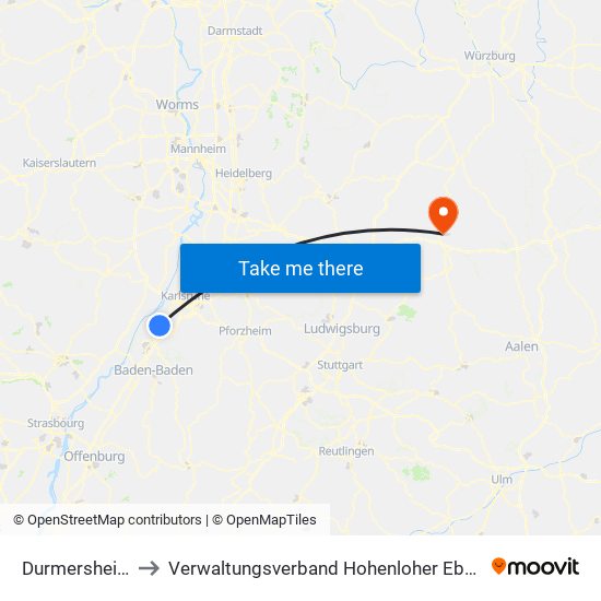Durmersheim to Verwaltungsverband Hohenloher Ebene map
