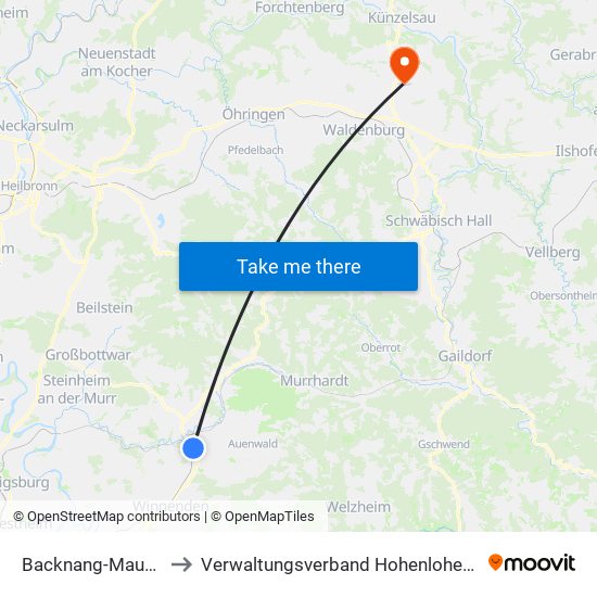 Backnang-Maubach to Verwaltungsverband Hohenloher Ebene map