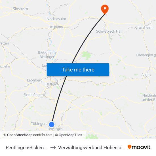 Reutlingen-Sickenhausen to Verwaltungsverband Hohenloher Ebene map