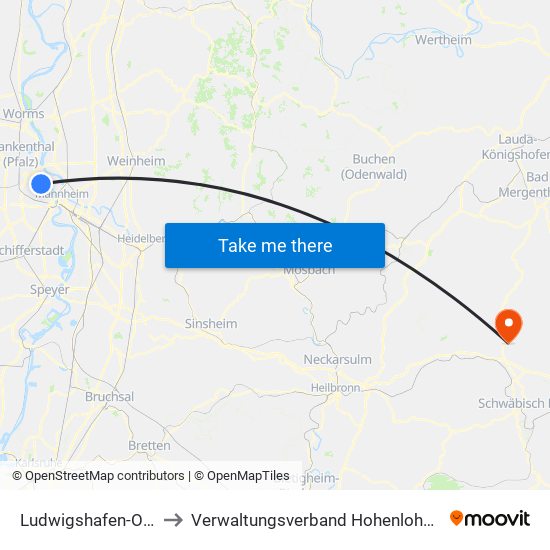 Ludwigshafen-Oppau to Verwaltungsverband Hohenloher Ebene map