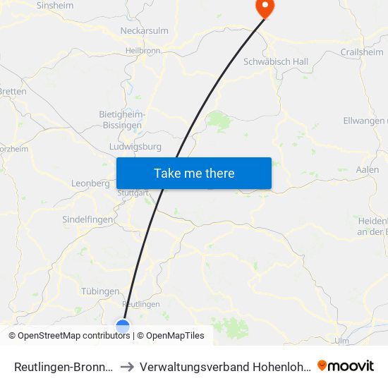 Reutlingen-Bronnweiler to Verwaltungsverband Hohenloher Ebene map