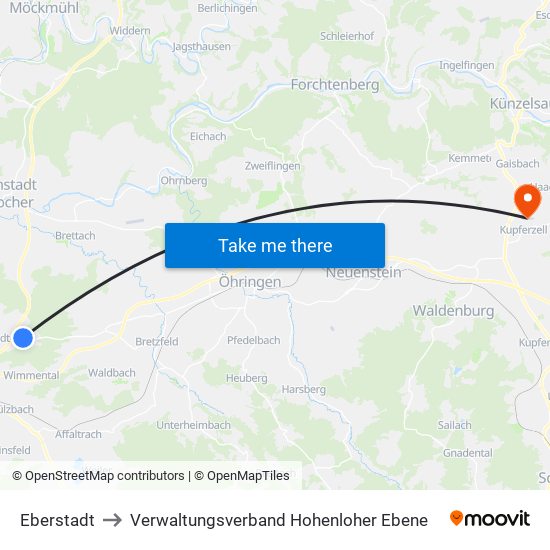 Eberstadt to Verwaltungsverband Hohenloher Ebene map