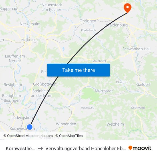 Kornwestheim to Verwaltungsverband Hohenloher Ebene map