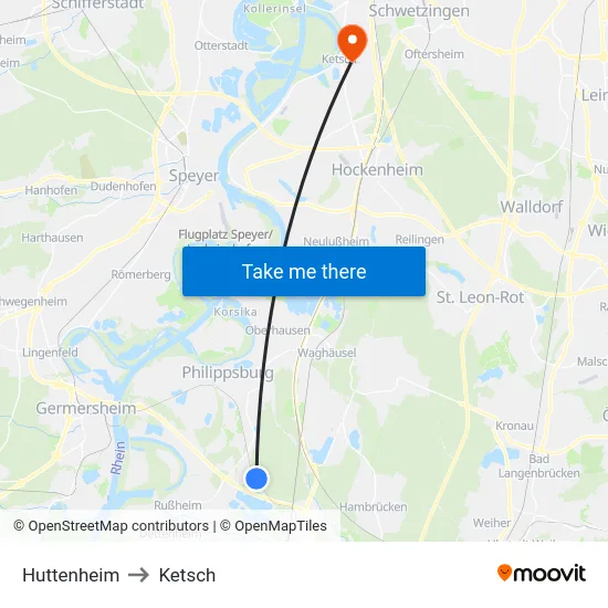 Huttenheim to Ketsch map