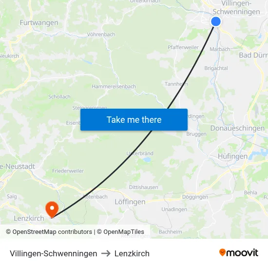 Villingen-Schwenningen to Lenzkirch map