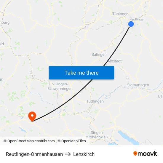 Reutlingen-Ohmenhausen to Lenzkirch map