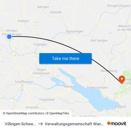 Villingen-Schwenningen to Verwaltungsgemeinschaft Wangen Im Allgäu map