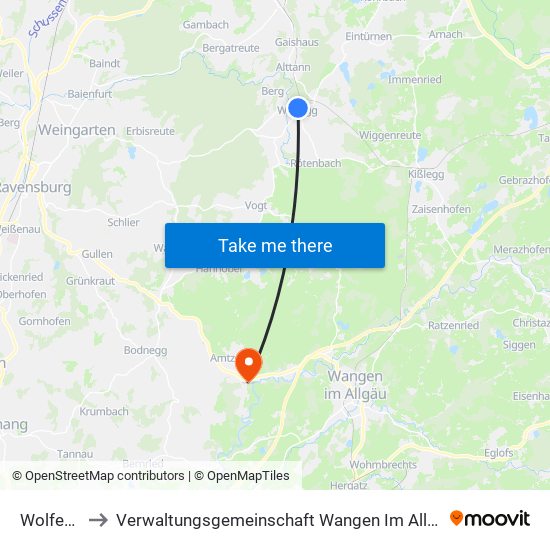 Wolfegg to Verwaltungsgemeinschaft Wangen Im Allgäu map