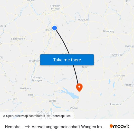 Hemsbach to Verwaltungsgemeinschaft Wangen Im Allgäu map