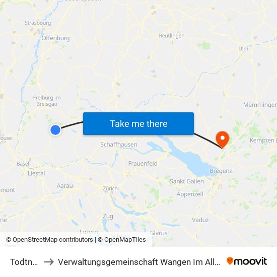 Todtnau to Verwaltungsgemeinschaft Wangen Im Allgäu map