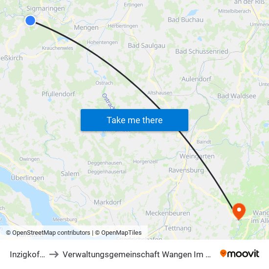 Inzigkofen to Verwaltungsgemeinschaft Wangen Im Allgäu map
