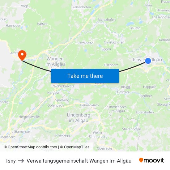 Isny to Verwaltungsgemeinschaft Wangen Im Allgäu map