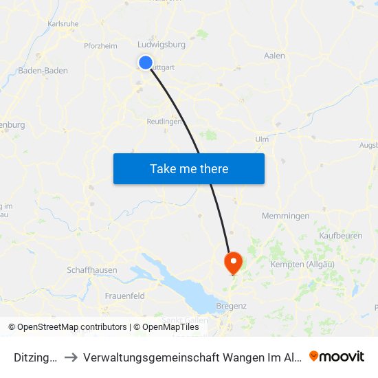 Ditzingen to Verwaltungsgemeinschaft Wangen Im Allgäu map