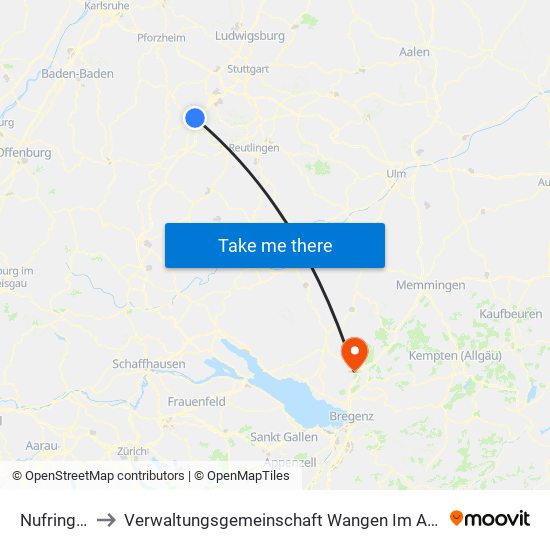 Nufringen to Verwaltungsgemeinschaft Wangen Im Allgäu map