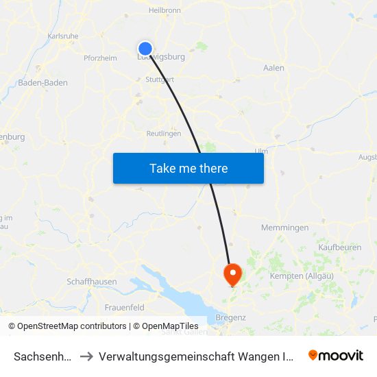 Sachsenheim to Verwaltungsgemeinschaft Wangen Im Allgäu map