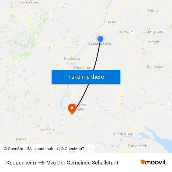 Kuppenheim to Vvg Der Gemeinde Schallstadt map