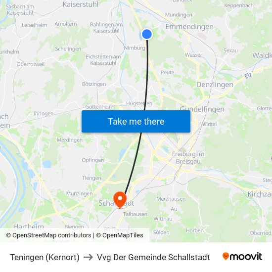 Teningen (Kernort) to Vvg Der Gemeinde Schallstadt map